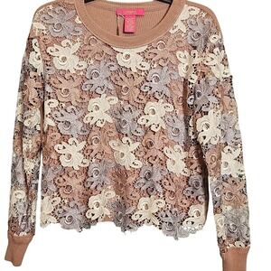 NWOT Catherine Malandrino Lace Floral Sweater - Mauve, Gray, Cream Embroidery S